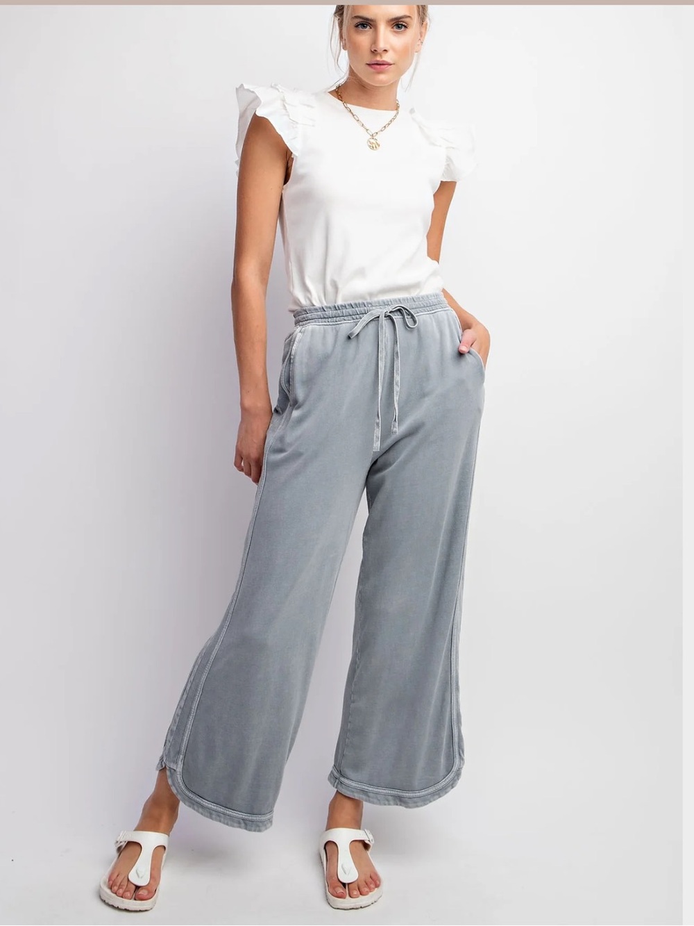 New: Easel Kensie Feeling Good Mineral Wash Terry Knit Wide Leg Pants• Large